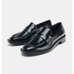 Zara Black Leather Penny Loafers for Women - Brand New With Tags